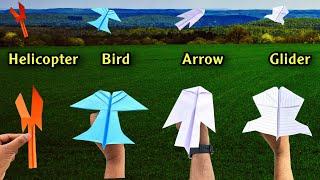 how to make 4 new flying paper bird, top 4 paper flying plane, helicopter, bird, arrow, glider