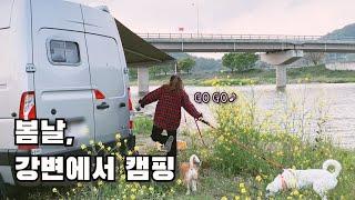 [온더밴] Ep.34 봄날, 조용한 강변에서 노지캠핑 | 해물부추전 | 매콤 쭈꾸미삼겹살 | 불멍 | 가만히 있어도 힐링.. | 행복한 반려견 동반 캠핑카 여행 | vanlife