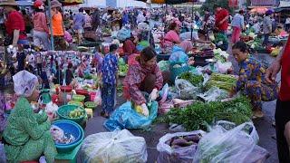 Cambodian Early Morning Vegetable Market - Routine Daily Lifestyle of Vendors Selling Vegetable