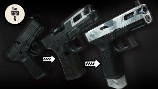 Custom a snow camouflage-style SRC Glock 19 slide, paired with a homemade steel front and rear sight