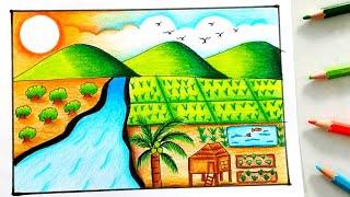 วาดรูปเศรษฐกิจพอเพียง/วาดรูปธรรมชาติ/Easy to draw a rice field view