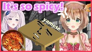 Risu starts slamming tables with Reine as she eats spicy noodles