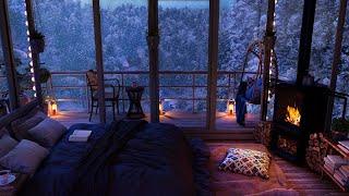 Sky Lodge Getaway on a Snowy Night ️ Cozy Fireplace and Blizzard Sounds for Deep Relaxation & Sleep