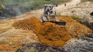 Nice New.!! The Village​ Is Building Road with Skill Operator Bulldozer and Dump Trucks Unload Soils