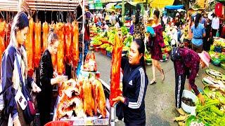 Cambodia Morning Street Food Market, Walking at Orussey Boeung Prolit, Chbar Ampov Market Phnom Penh