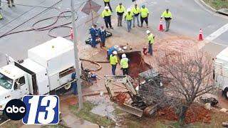 SKY13: Video shows gaping hole with water main break & gas leak in Lynchburg, VA