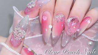 sub) Moist Peach Nails/ Silver button unboxing!/Korea Nails / Nail art / Self-nails / Nail ASMR