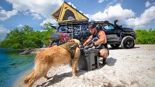 Truck Camping On SECRET Beach- Spear, Camp, Cook MISSION!! (major raccoon problems)