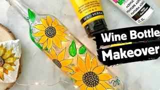 Upcycle A Glass Wine Bottle With Painted Sunflowers  Glass Bottle Painting Idea For Beginners