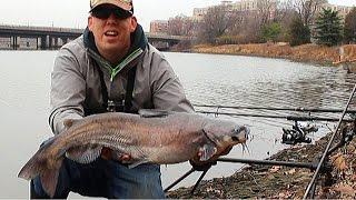 Bank fishing for catfish - How to catch catfish in a river - Winter catfishing