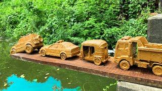 Drive the Muddy Toy Vehicle by hand and threw it into the water for cleaning | Toy Vehicles Cleaning