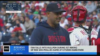 Fan falls into bullpen during first inning at Red Sox-Phillies Game