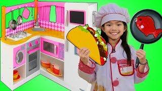 Emma Pretend Play w/ Cute Pink Kitchen Restaurant Toy Cooking Food Kids Playset