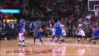 James Harden jumps over Jose Calderon