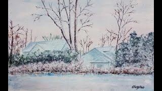 Painting Rural Winter Houses with Watercolor : 겨울 농가 그리기 , 설경 그리기 , 겨울 풍경 그리기