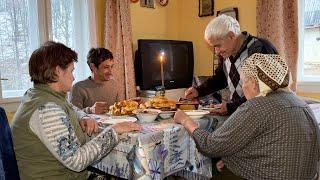 Happy old age of legendary grandparents in a mountain village, long-awaited visit of daughter