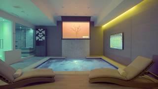 Luxurious Home Spa and Theater - Waterfall, Hot Tub, Sauna, Shower, Gym, and Lounge Seating