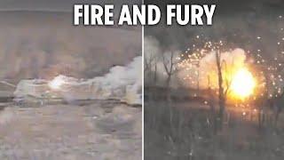 Russian tank explodes in ball of flames after kamikaze drone strike