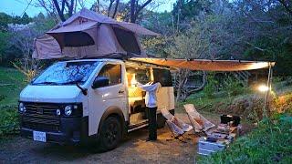 【初めての車中泊】ステーキ焼いてルーフトップテントで過ごす夜。バンライフの始まり。