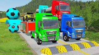 Double Flatbed Trailer Truck vs Speedbumps Train vs Cars | Tractor vs Train Beamng.Drive 058