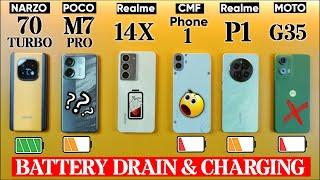 POCO M7 Pro 5g vs Realme 14X vs Narzo 70 Turbo vs CMF Phone 1 vs Moto G35 5G - Battery Drain Test