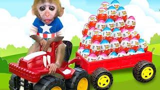 Baby Monkey Chu Chu go shopping toy rainbow Eggs and eats candy with Puppies