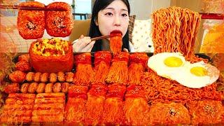 ASMR MUKBANG| Fire spicy Enoki Mushrooms, Fire Noodles, Rice paper Wrap, Whole Spam, Sausage.