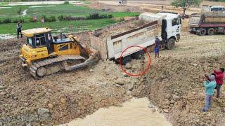 Idiot Truck Driver Almost Fail Recovery By Shantui Bulldozer And Working Processing The Road