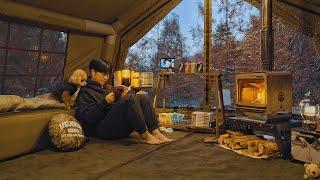 Inflatable Tent Camping with My Dog . Korean Ramen Rabokki . Wood Stove ASMR