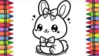 Cute bunny drawing and colouring, how to draw rabbit for kids and toddlers