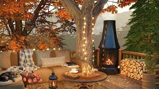 Autumn Cozy Ambience on Treehouse Porch with Falling Leaves, Birdsong, Fireplace and Fall Vibes