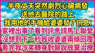 半夜丈夫突然劇烈心臟病發，送他去醫院的路上，我用他的手機給婆婆發了訊息：家裡出事了看到訊息請馬上聯繫，沒想到下一秒我收婆婆兩條回覆，看完我冷笑轉身對醫說放棄治療！#人生故事 #情感故事 #深夜淺談