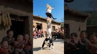 7 cats are stacked layer by layer. The cat at the bottom is really amazing