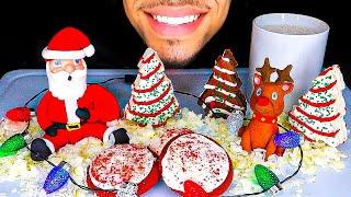 ASMR LITTLE DEBBIE CHRISTMAS TREE CAKES RED VELVET COOKIES MILK EATING SANTA RUDOLPH CANDY SWEETS