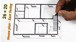 26 × 20 East facing house plan | 26 x 20 East facing floor plan 3D viewing | 2BHK in 520 sq ft