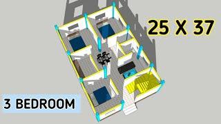 Low budget 3 Bedrooms house plan || 25x37 house plan || 3 BHK house plan || Floor Plan Design