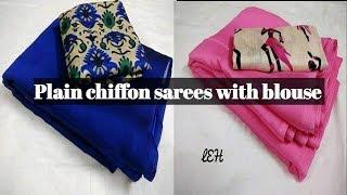 Plain chiffon sarees collections.... With kalamkari blouse piece....