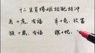 十二生肖婚姻相配相沖。來看看准不准。漢字書法。The best and worst marriages of Chinese twelve zodiacs. Chinese handwriting.