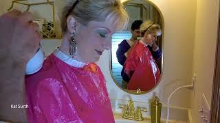 Husband clippering and shaving Wife's Nape and Sideburns with a disposable razor