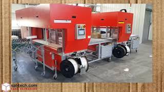 TP-702CQ3-T CORRUGATED TANDEM STRAPPER, SQUARING & BACK STOP MACHINE