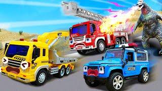 Police Car, Fire Truck And Crane Truck with Godzilla | Rescue Team | Dinky TV