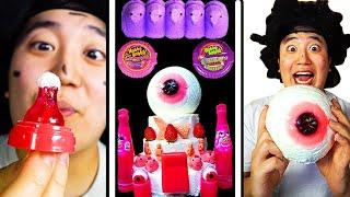 Funny Food Pranks! PINK PURPLE DESSERTS || Twins (Jelly, EyeBalls Cake) ASMR MUKBANG