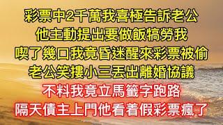 彩票中2千萬我喜極告訴老公，他主動提出要做飯犒勞我，喫了幾口我竟昏迷醒來彩票被偷，老公笑摟小三丟出離婚協議，不料我竟立馬籤字跑路，隔天債主上門他看着假彩票瘋了