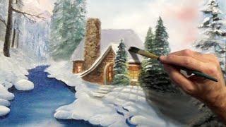 How to Paint "A Winter Cottage" - Easy How-To painting techniques for beginners.