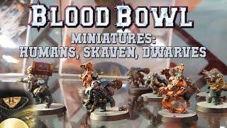 Tabletop Blood Bowl miniatures (Dwarf, Skaven, Human) and box contents shown at Spiel 2016