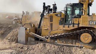 Caterpillar D9T And Komatsu D275AX Bulldozers Working On Huge Mining Site