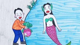 Mermaid replaces small fish with herself #shorts#drawing#cartoon#story#xiaolindrawing#animation#art