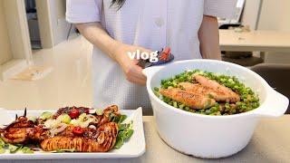 vlog | 요즘 푹 빠진 명란솥밥과 통오징어양념구이  여름 간식으로 옥수수전, 단짠단짠 갈비찜레시피, 야근 후 아구찜, 마라탕먹는 자취생일상