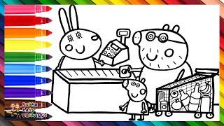 Draw And Color Peppa Pig And Daddy Pig At The Supermarket  Drawings For Kids