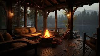 Lakeside Cozy Porch Ambience | Crackling Fire and Rain Sounds for Sleeping, Relaxing, Meditation